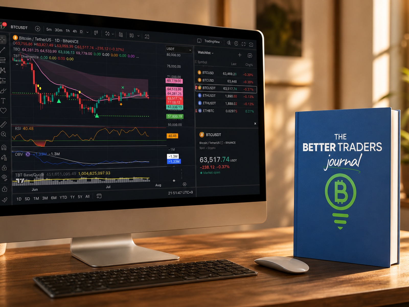The blue physical Better Traders Journal print edition beside a trading workstation